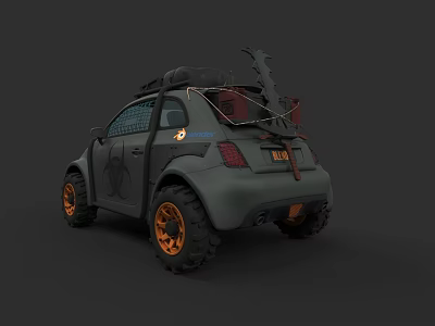 Gray Modified Off Road Car With Orange Wheels And Roof Rack Gear 3d model