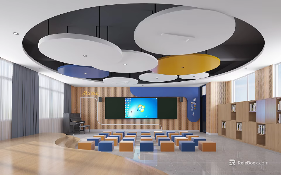 School Modern Classroom With Colorful Ceilings Seats Piano And Screens 3d model 