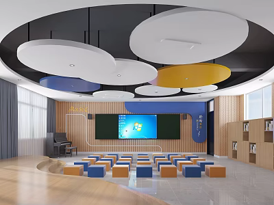 School Modern Classroom With Colorful Ceilings Seats Piano And Screens 3d model
