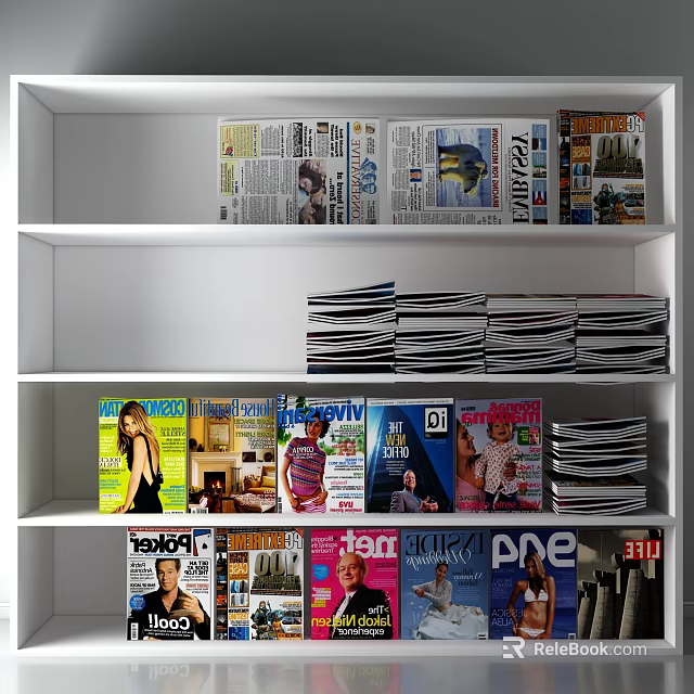 Neatly Organized Study Room Interior With White Shelf And Stacked Magazines 3d model 