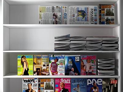Neatly Organized Study Room Interior With White Shelf And Stacked Magazines 3d model