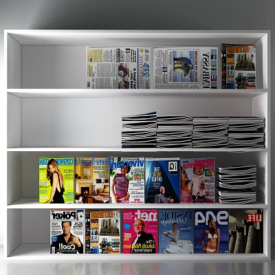 Neatly Organized Study Room Interior With White Shelf And Stacked Magazines 3d model