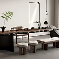 Natural Wooden Tea Table And Chairs With Tea Set Potted Fern Stone Decoration And Mirror