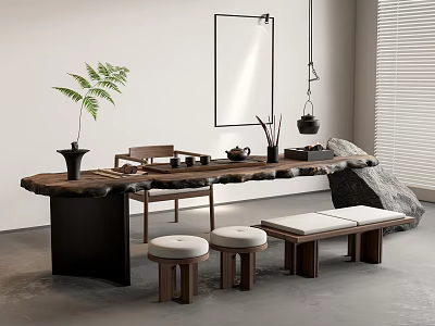 Natural Wooden Tea Table And Chairs With Tea Set Potted Fern Stone Decoration And Mirror 3d model