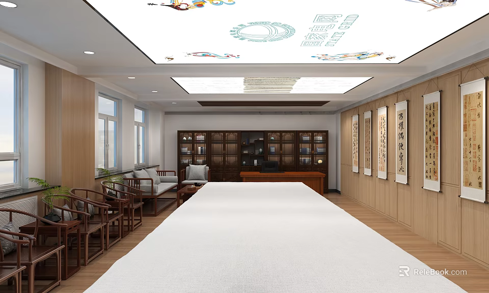 Traditional Chinese Study Room With Long Table Wooden Bookshelves And Calligraphy Scrolls 3d model 