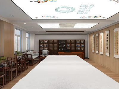 Traditional Chinese Study Room With Long Table Wooden Bookshelves And Calligraphy Scrolls 3d model
