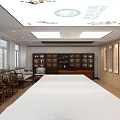 Traditional Chinese Study Room With Long Table Wooden Bookshelves And Calligraphy Scrolls