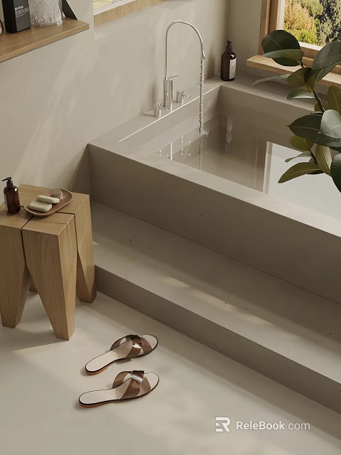 Modern Minimalist Bathtub with Steps Wooden Stool Soap Slippers and Green Plant Leaves 3d model 