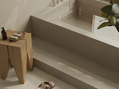 Modern Minimalist Bathtub with Steps Wooden Stool Soap Slippers and Green Plant Leaves 3d model