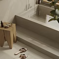 Modern Minimalist Bathtub with Steps Wooden Stool Soap Slippers and Green Plant Leaves