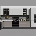 Modern Kitchen Interior With White And Gray Cabinets Black Stove Countertop And Refrigerator
