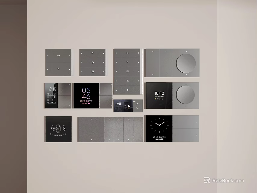 Modern Switch Panels with Digital Display Time Temperature and Smart Control Functions on Wall 3d model 