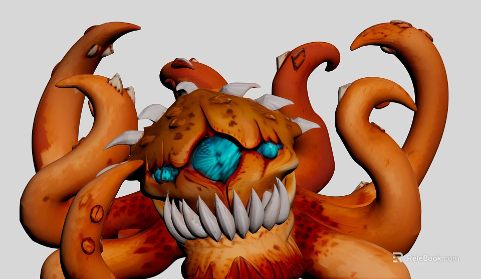 Game Movie Character Orange Octopus Monster With Blue Eyes Sharp Teeth And Tentacles 3d model 