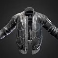 Stylish Black Leather Jacket with Hexagonal Pattern Front Zipper and Sleeve Design Details