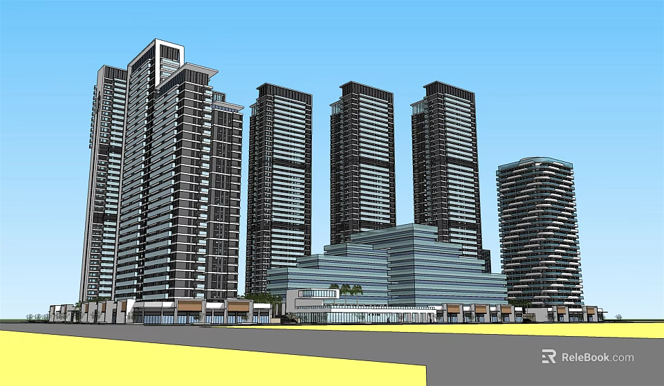 Modern High Rise Building Complex With Glass Facades And Urban Landscape Elements 3d model 