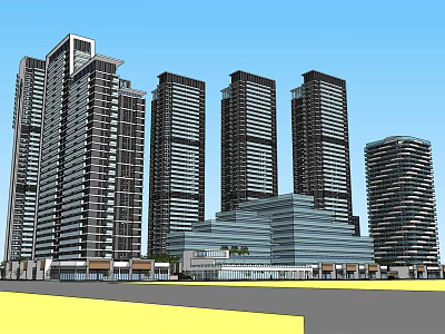 Modern High Rise Building Complex With Glass Facades And Urban Landscape Elements 3d model