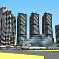 Modern High Rise Building Complex With Glass Facades And Urban Landscape Elements