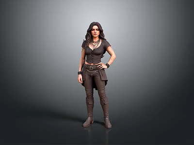 Woman In Dark Top And Pants With Boots Necklace And Belt Standing In Casual Pose 3d model