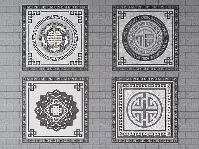 Traditional Chinese Square Floor Tiles With Auspicious Patterns And Decorative Borders 3d model