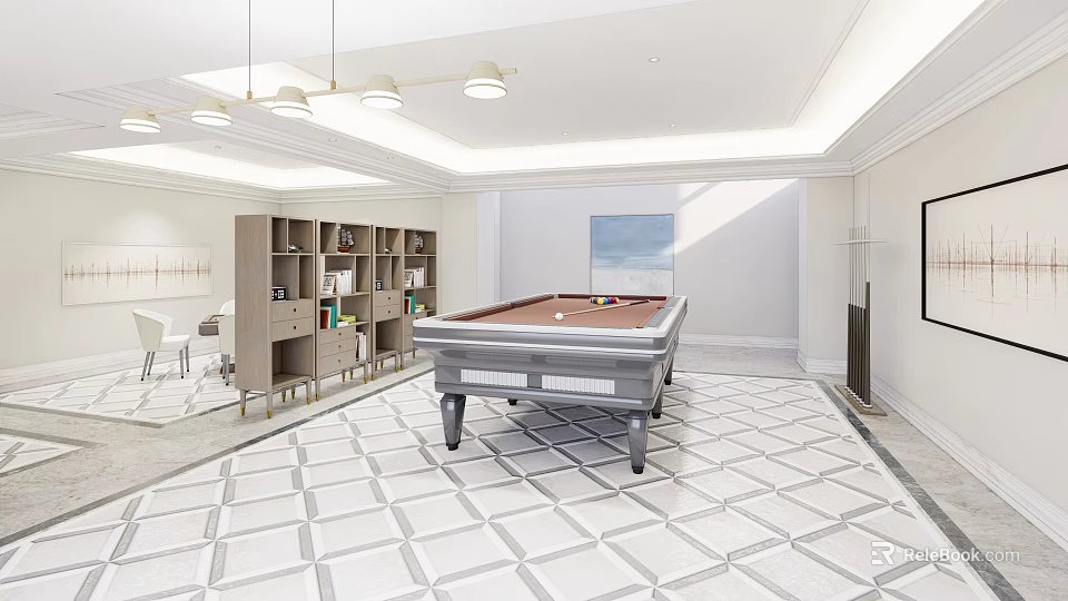 Modern Spacious Billiard Room With Pool Table Wooden Bookshelves Pendant Lights And Geometric Tiled Floor 3d model 