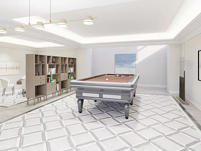Modern Spacious Billiard Room With Pool Table Wooden Bookshelves Pendant Lights And Geometric Tiled Floor 3d model
