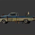 Vintage Blue Pickup Truck On Green Grassy Ground With Brown Chair And Tripod Lamp