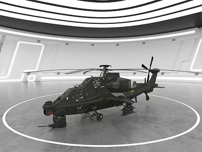 Black Helicopter Parked In Modern Circular Space With White Circular Lines Lighting And Curved Walls 3d model
