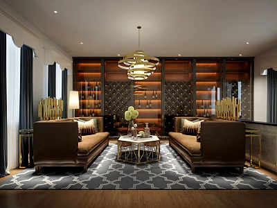 Luxurious Living Room With Brown Sofas Coffee Table Chandelier Elegant Rug and Wooden Decorative Wall 3d model