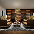 Luxurious Living Room With Brown Sofas Coffee Table Chandelier Elegant Rug and Wooden Decorative Wall