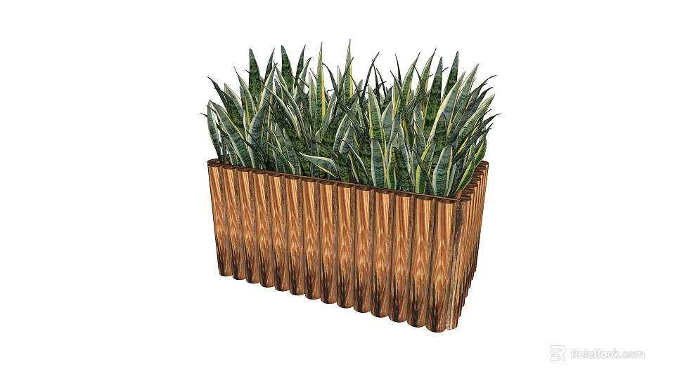 Wooden Flower Planter With Green Leafy Plants And Vertical Striped Design 3d model 