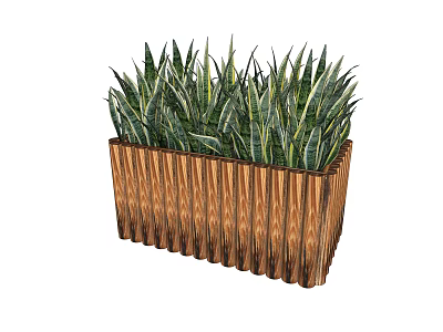 Wooden Flower Planter With Green Leafy Plants And Vertical Striped Design 3d model