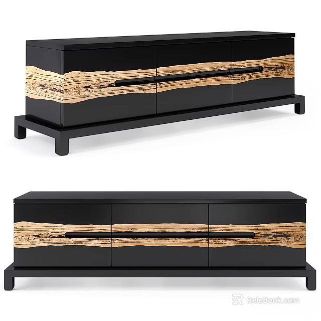 Modern Black Dresser With Wood Grain Accent And Multiple Drawers Design 3d model 