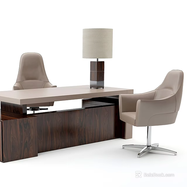 Modern Office Desk With Wooden Cabinet Light Top Table Lamp And Leather Chairs 3d model 