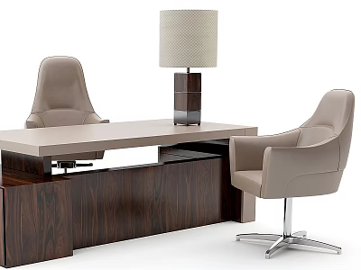 Modern Office Desk With Wooden Cabinet Light Top Table Lamp And Leather Chairs 3d model