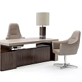Modern Office Desk With Wooden Cabinet Light Top Table Lamp And Leather Chairs