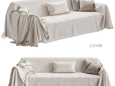 Beige Large Sofa With Soft Cover Decorative Pillows And Knitted Blanket 3d model