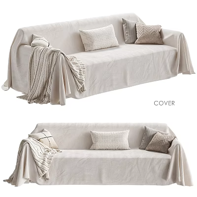 Beige Large Sofa With Soft Cover Decorative Pillows And Knitted Blanket 3d model
