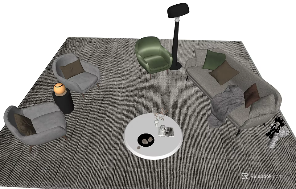 Modern Sofa and Coffee Table Set With Accent Armchairs Floor Lamp And Patterned Rug 3d model
