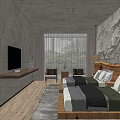 Modern Hotel Guest Room With Wooden Furniture Large Bed Decorative Wall Pendant Light And Carpet