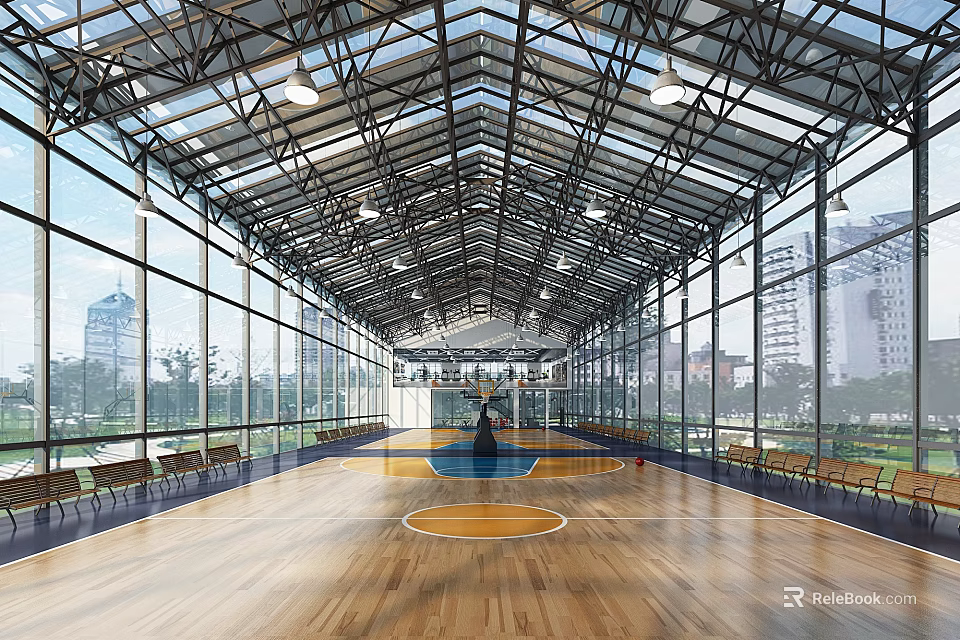 Spacious Basketball Gymnasium With Glass Walls Wooden Floor And Metal Roof Structure 3d model 