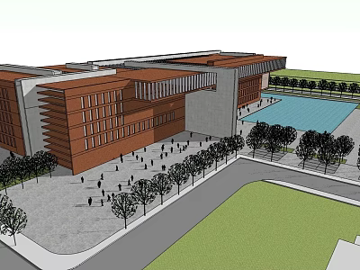 Modern Cultural Center With Red Facade Plaza People Trees And Pool 3d model
