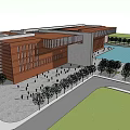 Modern Cultural Center With Red Facade Plaza People Trees And Pool