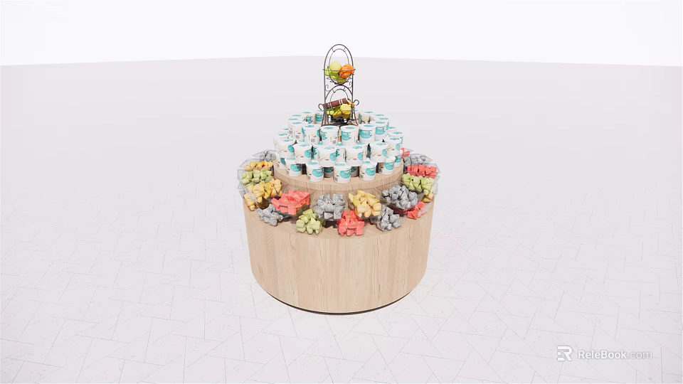 Circular Wooden Display Shelf With Colorful Decorations And Top Fruit Ornaments 3d model 