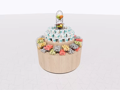 Circular Wooden Display Shelf With Colorful Decorations And Top Fruit Ornaments 3d model