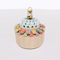 Circular Wooden Display Shelf With Colorful Decorations And Top Fruit Ornaments