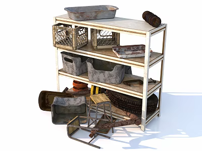 Vintage Metal Shelf With Rustic Containers Baskets Tools Tray And Tire 3d model