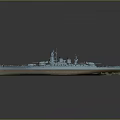 Large Military Battleship with Red White Striped Bow Blue Hull and Turrets on Deck