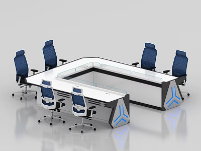 Modern Conference Room Interior Design With Geometric Table Blue Ergonomic Chairs And White Surface 3d model