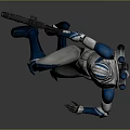 Sci Fi Game Movie Character In Blue White Armor Holding Blaster In Dynamic Action Pose