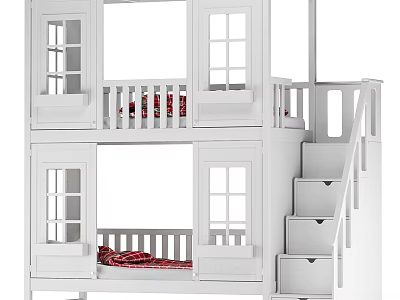Modern White Children's Bunk Bed With Staircase Drawers And Window Details 3d model